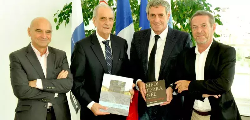 Robert Cotte, conseiller municipal, délégué aux Jumelages, Vincent Camilleri, Ambassadeur de Malte en France, Philippe Saurel, maire de la Ville de Montpellier, président de Montpellier Agglomération et Henri De Verbizier, conseiller municipal. (© Ville de Montpellier)