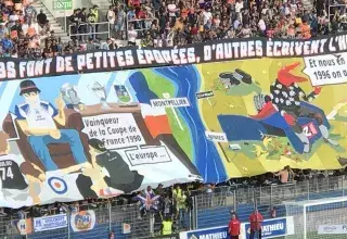 Magnifique tifo montpelliérain présenté aux yeux de toutes et tous, là où il n’y avait plus rien depuis le début de la saison, discrétion et code ultra oblige !